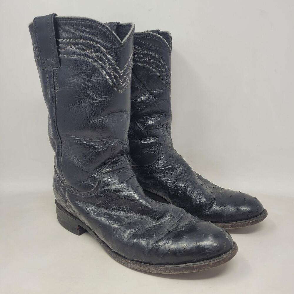 VTG Justin Boots 8B Black Ostrich Leather Western Cowboy Round Toe USA J90107